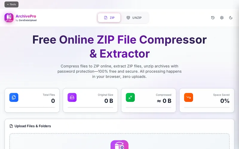 ArchivePro open in the browser, showing its main screen
