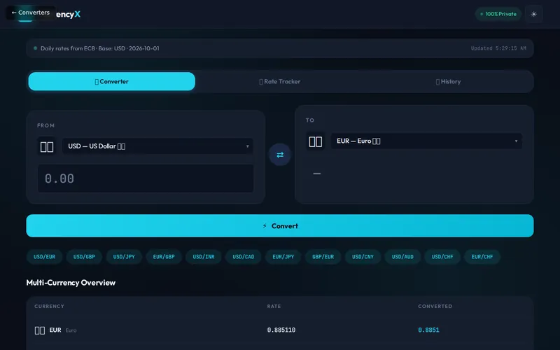 CurrencyX open in the browser, showing its main screen
