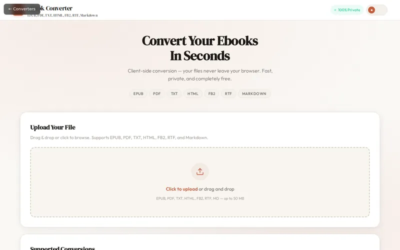 Ebook Converter open in the browser, showing its main screen