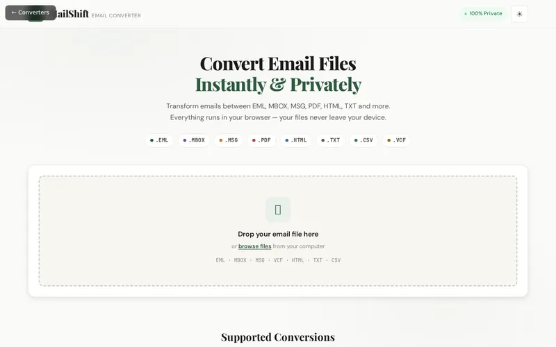 MailShift open in the browser, showing its main screen