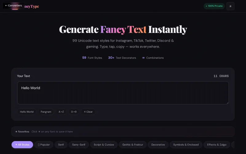 Fancy Text Generator open in the browser, showing its main screen