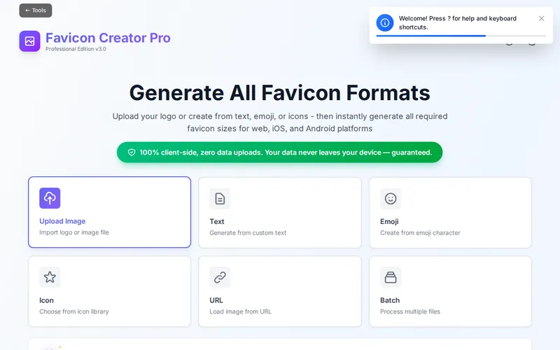 Favicon Generator open in the browser, showing its main screen