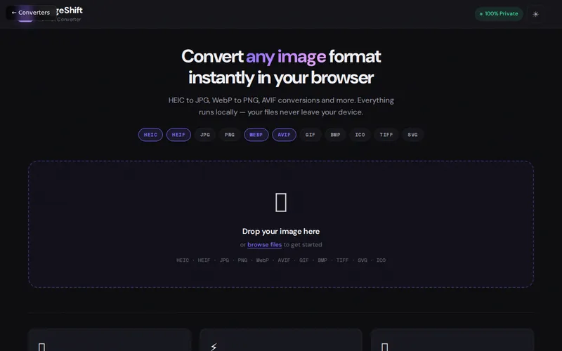 Image Format Converter open in the browser, showing its main screen