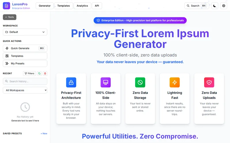 Lorem Ipsum Generator open in the browser, showing its main screen