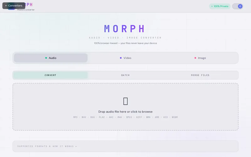 MORPH Media Converter open in the browser, showing its main screen