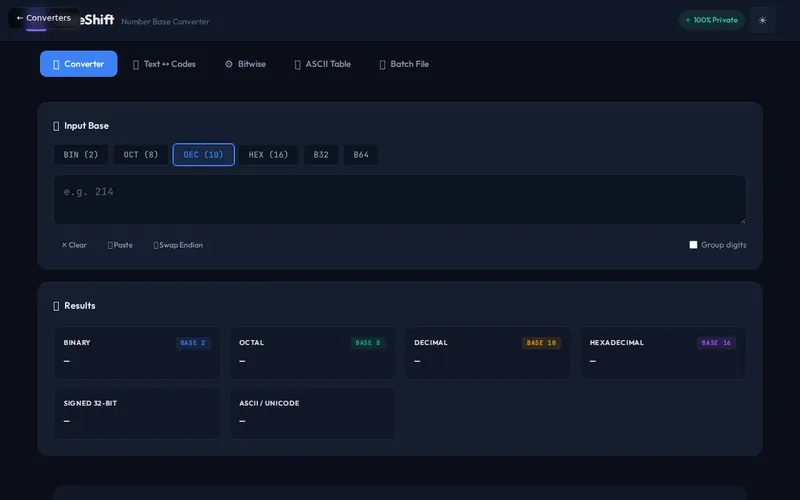 BaseShift open in the browser, showing its main screen
