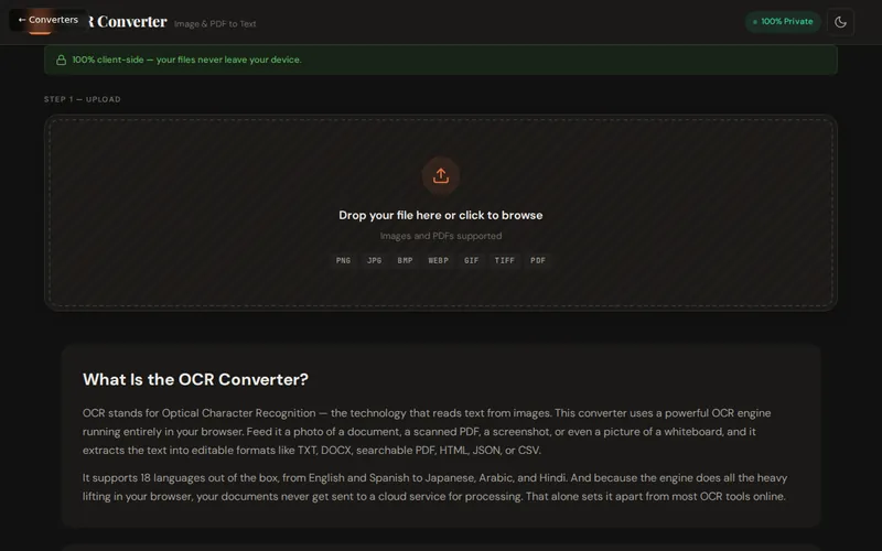 OCR Converter open in the browser, showing its main screen