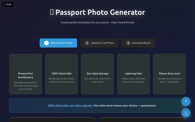 Passport Photo Maker open in the browser, showing its main screen