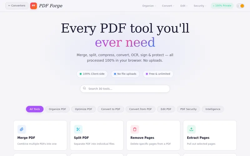 PDF Forge open in the browser, showing its main screen