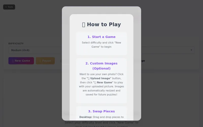 Picture Puzzle open in the browser, showing its main screen