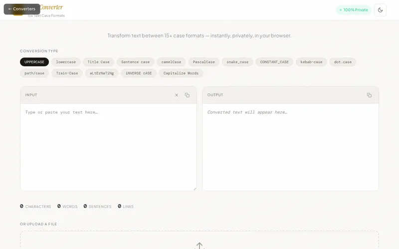 Text Case Converter open in the browser, showing its main screen