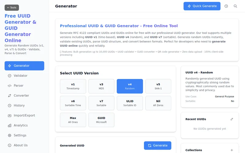 UUID Generator open in the browser, showing its main screen
